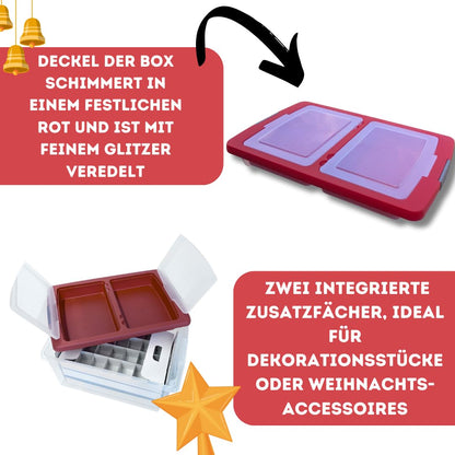 Quality-Collection Weihnachtskugeln Aufbewahrung für 71 Kugeln | Extrafach im Deckel | Große & stabile Glitzer-Weihnachtsbox | Verschließbarer Deckel | Christbaumkugeln