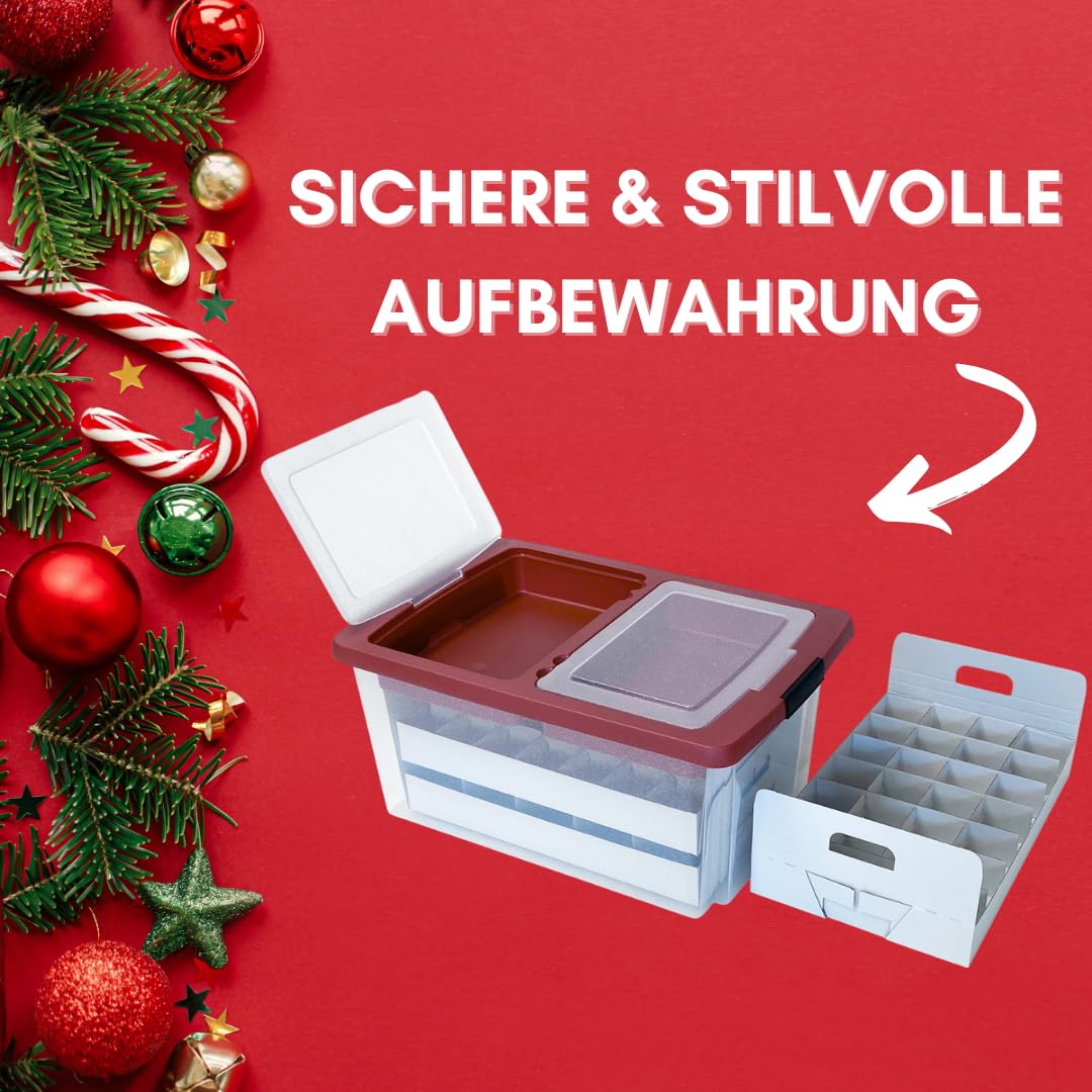 Quality-Collection Weihnachtskugeln Aufbewahrung für 71 Kugeln | Extrafach im Deckel | Große & stabile Glitzer-Weihnachtsbox | Verschließbarer Deckel | Christbaumkugeln