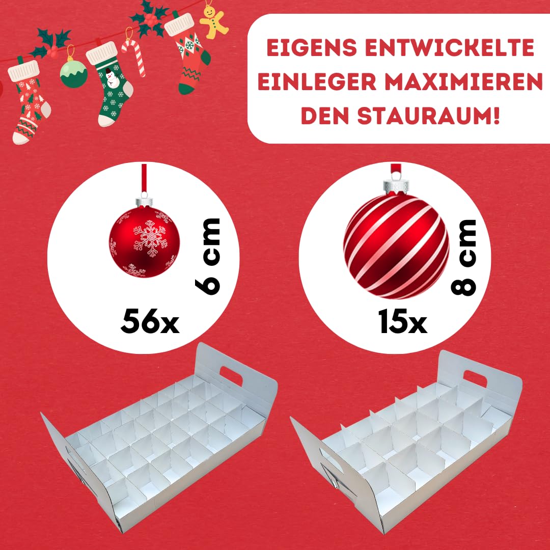 Quality-Collection Weihnachtskugeln Aufbewahrung für 71 Kugeln | Extrafach im Deckel | Große & stabile Glitzer-Weihnachtsbox | Verschließbarer Deckel | Christbaumkugeln