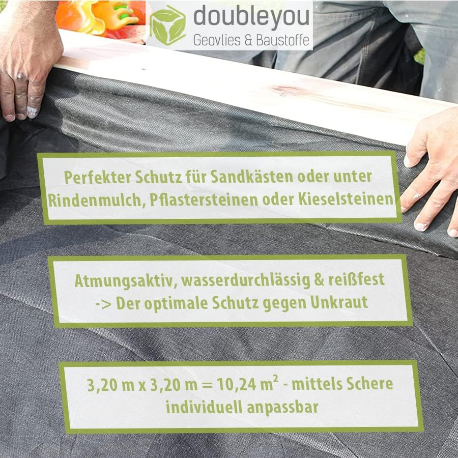 Sandkastenvlies XXL | 3,2 x 3,2 m | Unkrautvlies | 80g/m2 | Schwarz | Schutzvlies für Sandkasten inkl. 4 Erdanker | Maximaler Schutz gegen Unkraut und Schmutz | Ideal für Sandkasten und Beete