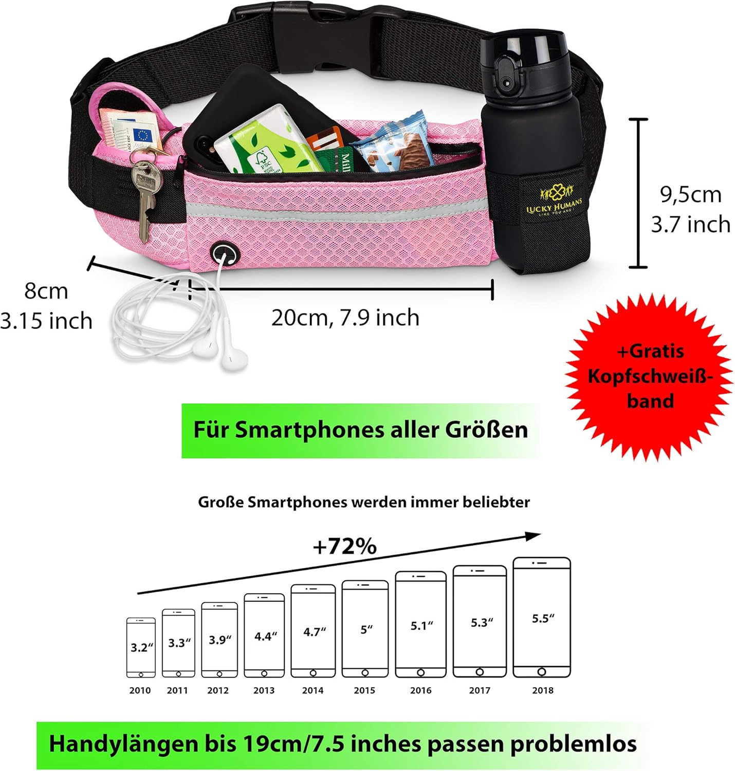 Mesh Rosa | Lucky Humans Laufgürtel Sport | Joggen & Laufen mit Handy-Tasche | Damen & Herren Bauchtasche mit Flaschen & Handy-Halterung | Trinkgürtel Running & Walking Belt