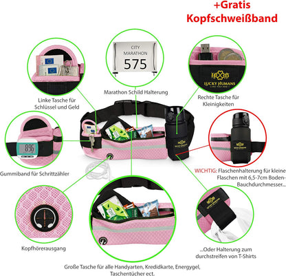 Mesh Rosa | Lucky Humans Laufgürtel Sport | Joggen & Laufen mit Handy-Tasche | Damen & Herren Bauchtasche mit Flaschen & Handy-Halterung | Trinkgürtel Running & Walking Belt